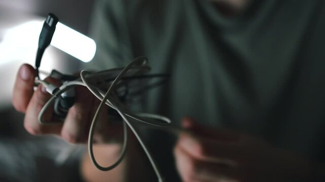 A man tries to untangle tangled wires and cables.
A man holds many cables tangled together.
Wires and chargers