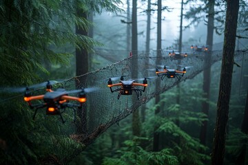 Naklejka premium Several drones flying through a forest over a woven net