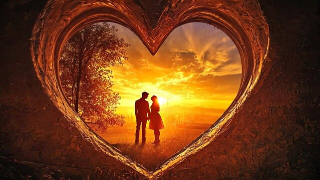 Romantic couple standing holding hands at sunset framed by a heart shaped opening