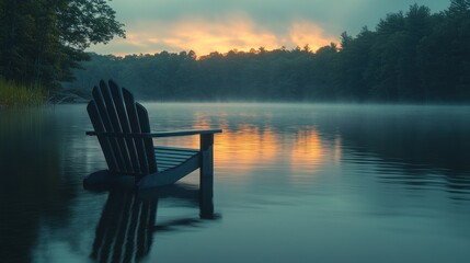 Serene sunrise over misty lake with Adirondack chair.