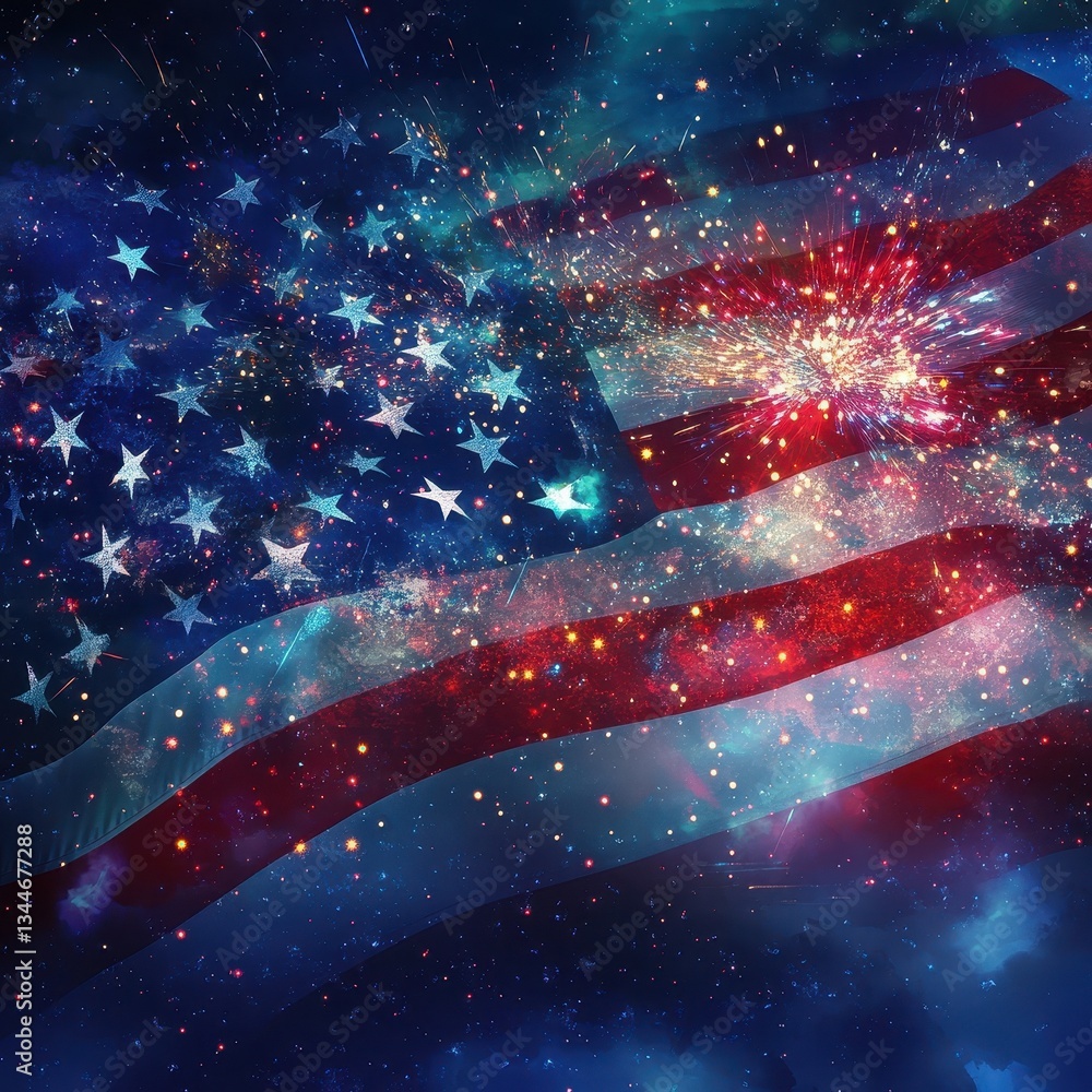 Poster an american flag with fireworks exploding against a starry background