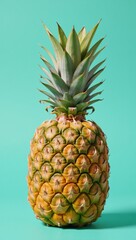 Obraz premium A golden pineapple showcasing intricate details against a teal backdrop