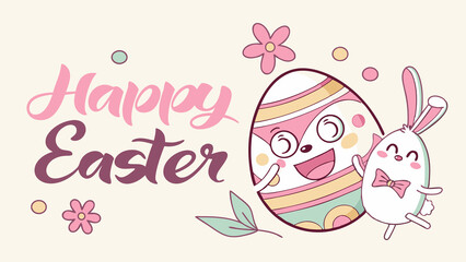 Happy easter greeting with cartoon egg and bunny character on a light background. Perfect for Spring Invitations, Holiday Branding, and Creative Event Projects