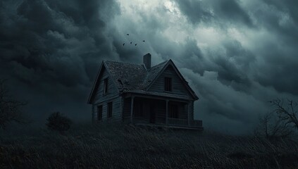 Abandoned farmhouse under stormy sky (1)