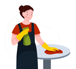 Happy woman cleaning home. Woman washing the table. Young girl makes housework. Professional house cleaning service.