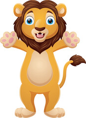 Happy cartoon lion posing on white background