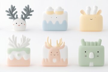 Cute cartoon animal and food themed 3D render.  A collection of whimsical, pastel-colored, 3D-modeled animal and food characters.  