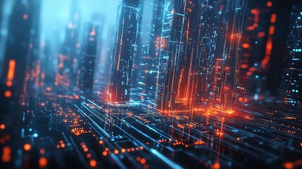 Fototapeta premium Futuristic Digital City with Glowing Tech Lines in Abstract Style