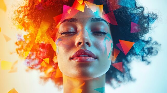 Portrait of person with colorful geometric shapes around head, symbolizing creativity and mindfulness  - Powered by Adobe