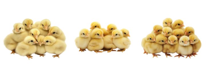 A group of baby chicks huddled together, their fluffy yellow feathers creating a soft, warm cluster, isolated on a transparent background