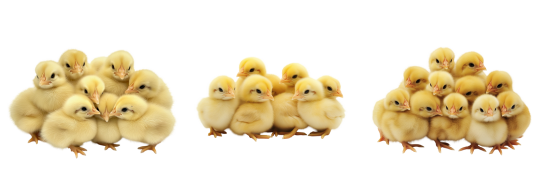 A group of baby chicks huddled together, their fluffy yellow feathers creating a soft, warm cluster, isolated on a transparent background