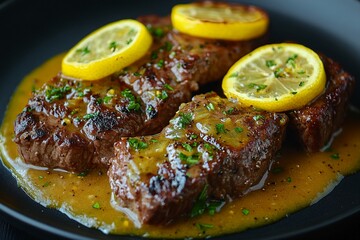 Grilled Steak with Lemon Butter Sauce Gourmet Food Photography Close Up