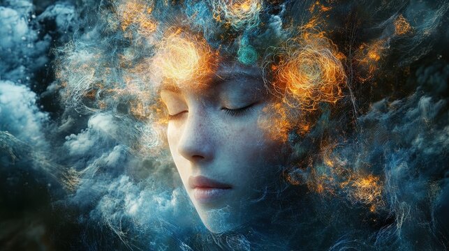 Digital portrait of a person with fractal designs around head, symbolizing an awakened and focused mind