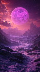 A Vivid Purple Moon Illuminates Surreal Mountainous Landscape Scenery
