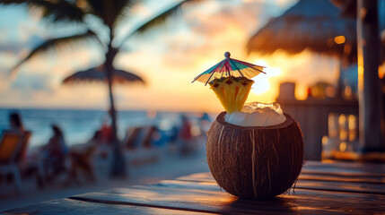 Pina Colada in a Coconut Shell with Sunset View