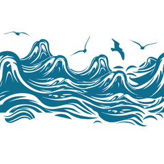 Seamless background waves and seagulls. Not AI, Vector illustration.