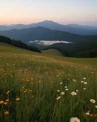 Obraz premium Majestic Mountain Meadow at Dawn: Wildflowers and Rolling Hills