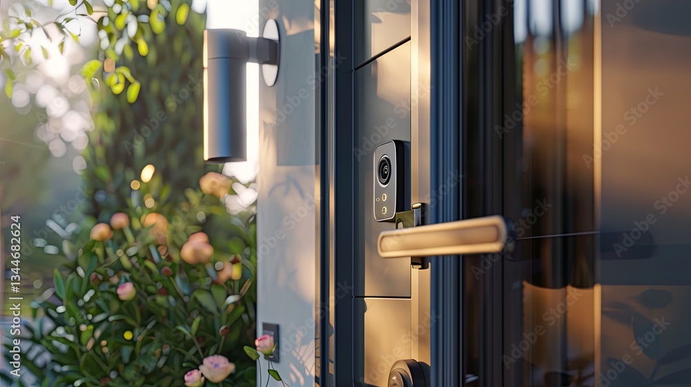 Poster smart lock and video doorbell enhance security at modern entryway with stylish design and keyless en
