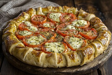 Artisan Tomato Tart: An appetizing artisan tomato tart, a rustic delight baked to golden perfection, its crust a beautiful contrast to the vibrant red tomato and creamy cheese toppings.