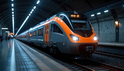 Fototapeta premium High tech modern train arriving at underground station at night. Fast urban transportation, illuminated platform. Subway locomotive passenger train, electric engine moving at railway. Public transit