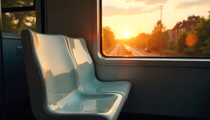 Naklejka premium Empty White Bus Seat in Rainy Munich, Close-up of the seats inside a bus, created with generative ai