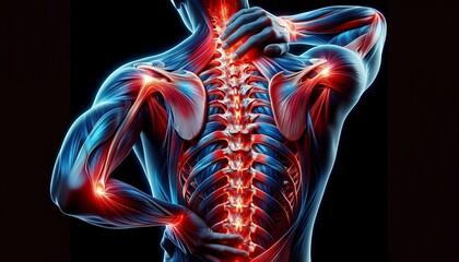 An artistic depiction of the human body's muscular and skeletal systems, highlighting areas of pain and stress.
