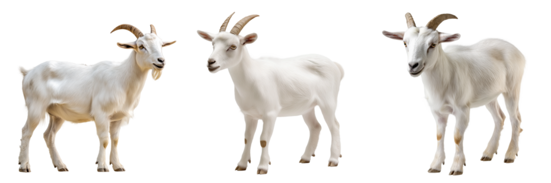 A domestic goat with small curved horns, standing in a grazing position, isolated on a transparent background