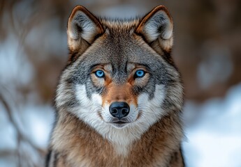 Close-Up Portrait of a Wolf with Striking Blue Eyes in its Natural Habitat