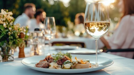 Couple enjoys delightful food and white wine in a lush outdoor setting, capturing their joy on a bright and sunny day