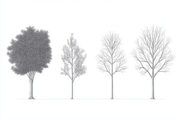 Obraz premium Architectural Drawings, Minimal style cad tree line drawing, Side view, set of graphics trees elements outline symbol for landscape design drawing. Vector illustration
