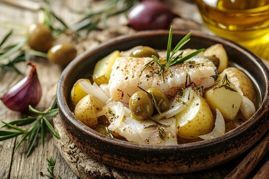 Delicious Baked Cod Dish: The rich aroma of baked cod with potatoes and olives in a rustic bowl entices the viewer. The fresh ingredients and presentation hint at a gourmet meal.