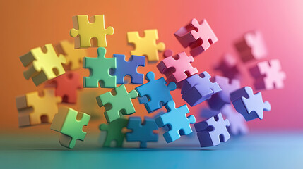 A minimalistic surreal illustration of puzzle blocks floating in midair, each block a single Pride color, forming a harmonious whole