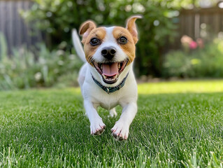 Energetic Jack Russell Terrier running in grass with blurred background
