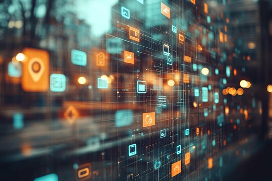 Digital information icons overlaying a blurred urban environment scene