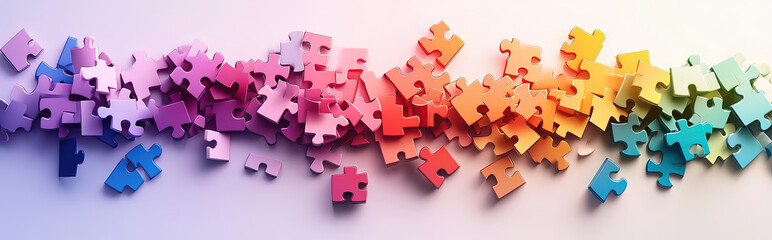 A minimalistic surreal illustration of puzzle blocks floating in midair, each block a single Pride color, forming a harmonious whole