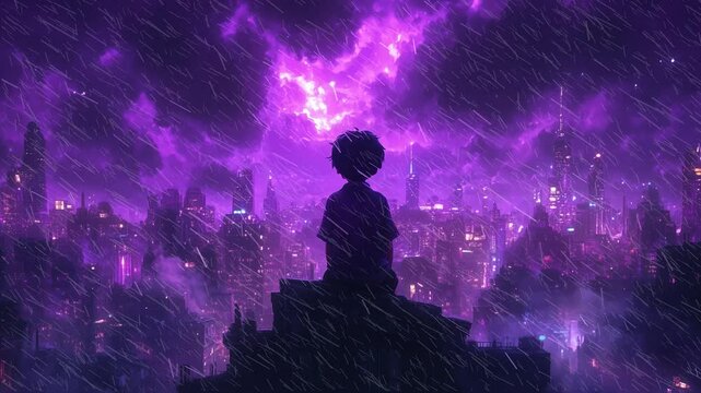 Anime boy looks on top of a building. Purple fantasy city. City Lights. Looping animation Lofi, vaporwave, with lofi chill vibes and rainy atmosphere. looping time-lapse video 2D animation