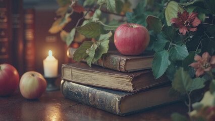 Vintage Library Still Life Apples Study Autumnal Warm Glow