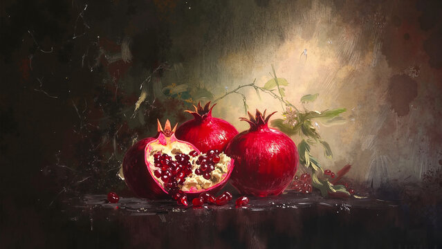 Pomegranate Still Life with Moody Texture Against Dark Surface
