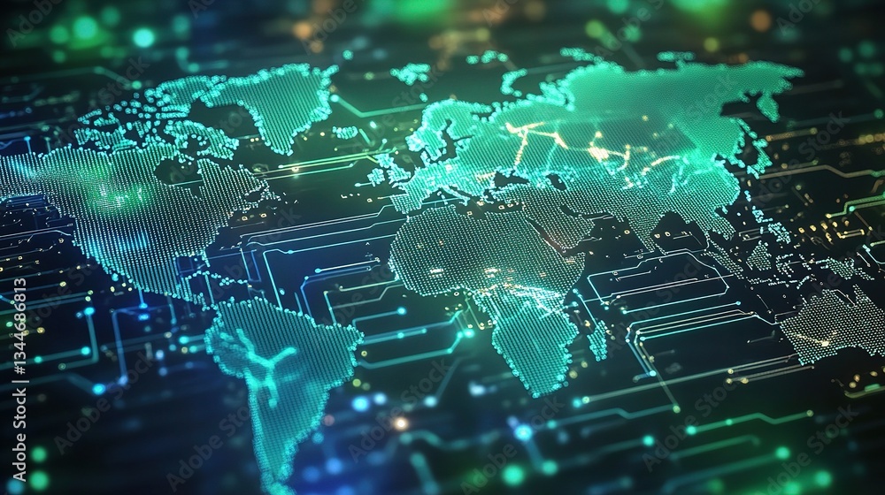 Poster digital world map with circuit board design and glowing lines