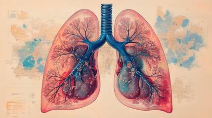Human respiratory system with lungs and trachea, detailed medical illustration 