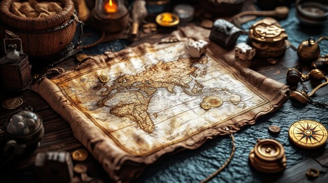 Antique world map surrounded by maritime treasures