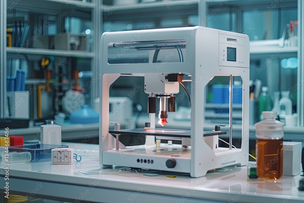 Poster innovative 3d printing technology in a laboratory showcasing prototypes and design capabilities gene