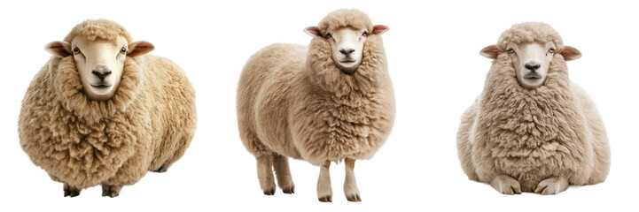 A fluffy domestic sheep with a thick wool coat, isolated on a transparent background