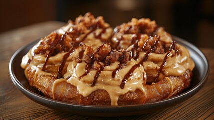 Delicious,  glazed,  crispy doughnuts,  topped with nuts and caramel