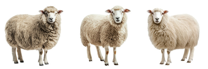 A fluffy domestic sheep with a thick wool coat, isolated on a transparent background