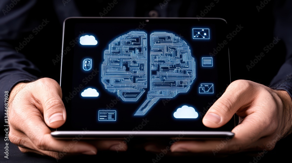 Poster ai driven business strategy concept displayed on digital tablet with abstract brain visualization