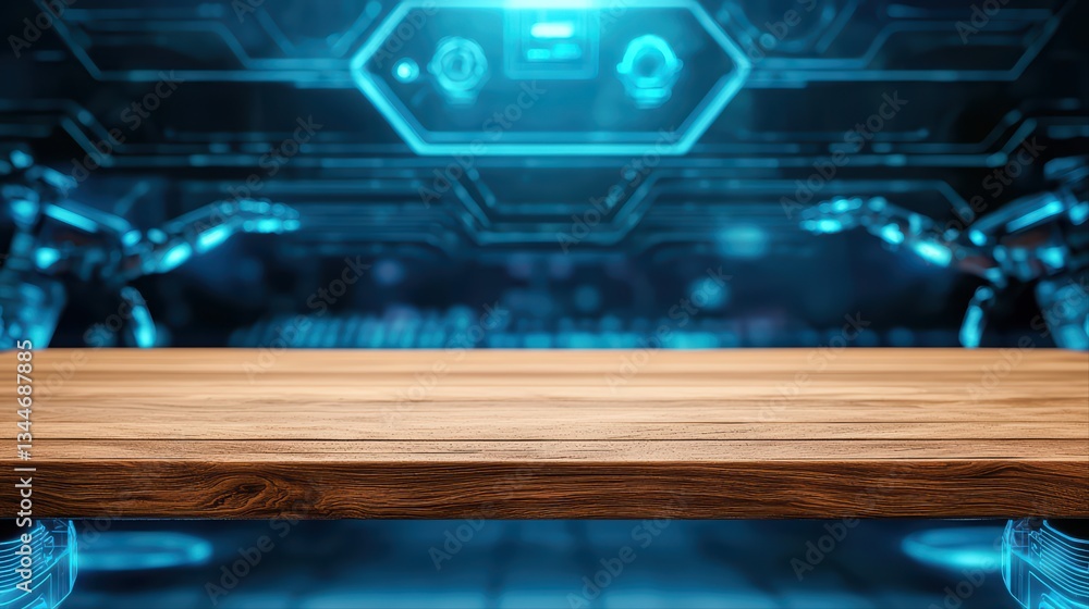 Aufkleber ai-powered workspace concept featuring empty wooden table with futuristic background