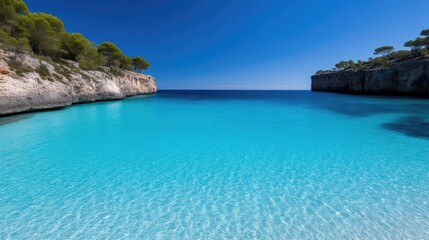 Fototapeta premium Crystal-clear turquoise cove nestled between dramatic cliffs. Lush green pines line the secluded beach