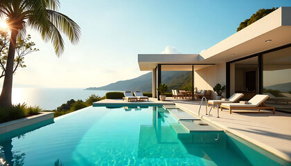 Fototapeta premium Luxury House with Large Windows & Tranquil Poolside Ambiance, Luxurious home exterior. Contemporary architecture and design elements, outdoor landscape, Pool and Patio, created with generative ai
