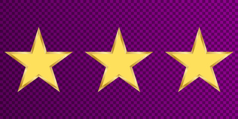 Set of three gold metal yellow stars rating customer product review isolated on transparent background, png element.